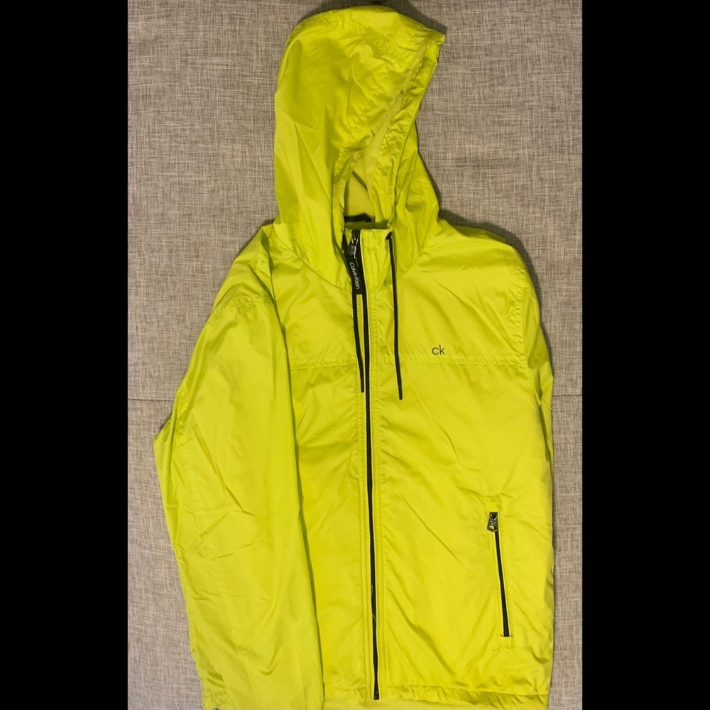 Calvin Klein Fleece Lined Hooded Windbreaker. Mens Small. Neon/Highlighter